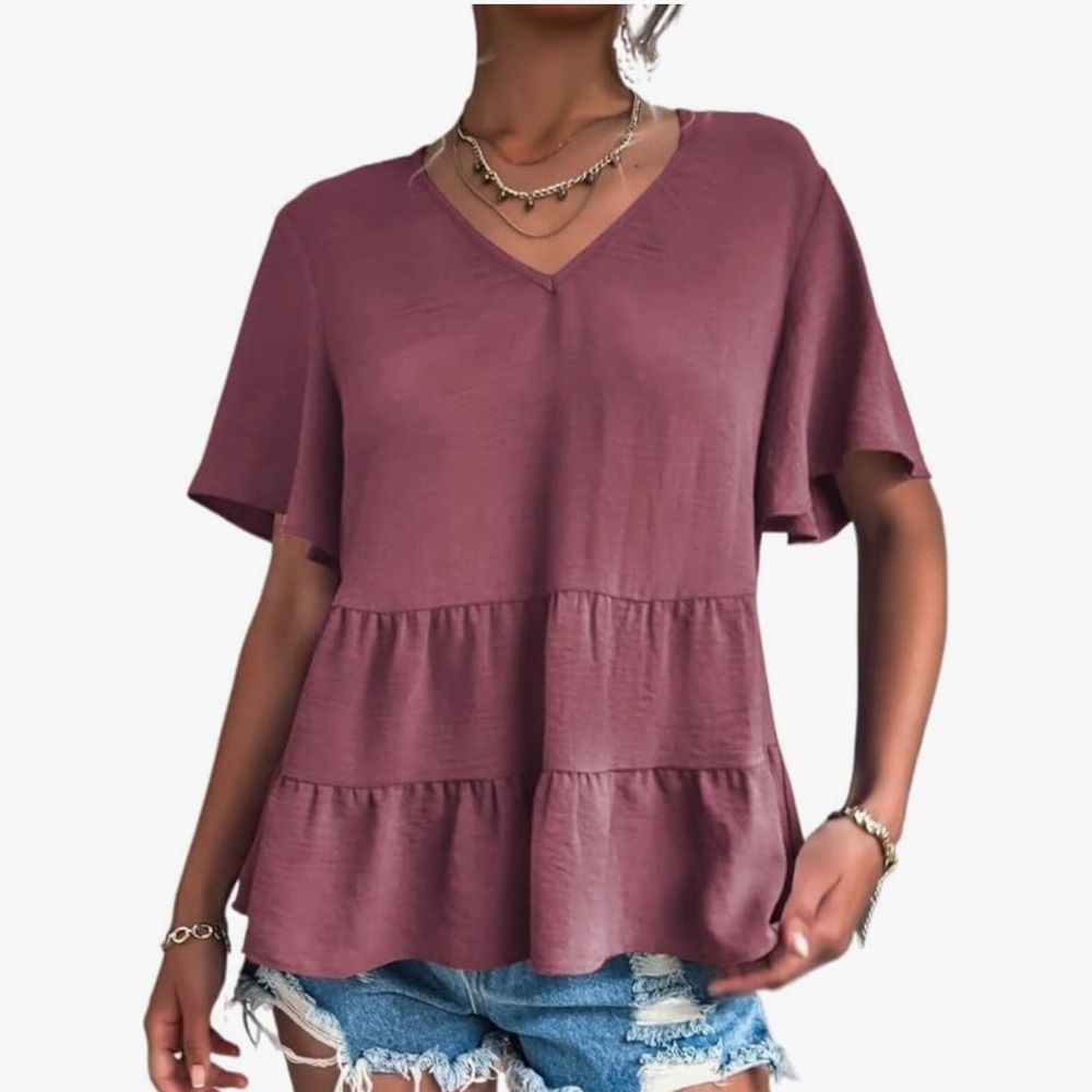 SHEIN V-Neck Ruffle Blouse - Rosewood